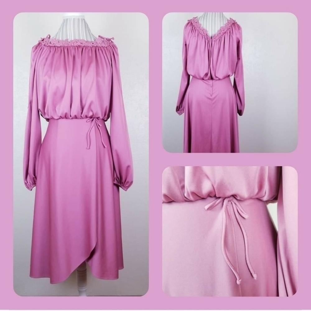 70s Vintage Dusty Rose Drape Off Shoulder Handmade Dress